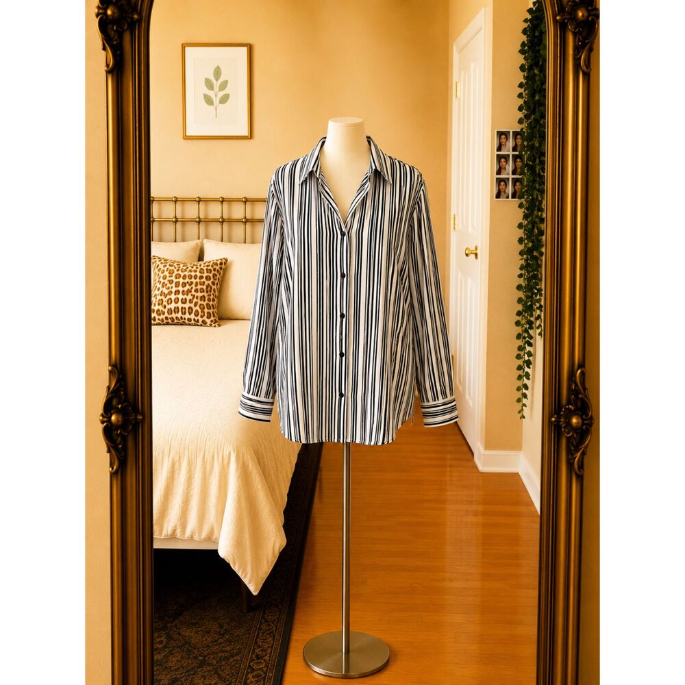 Notations Black White Vertical Striped Button Down Blouse Office Classic Size 1X